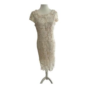 Luxology Ivory Floral Lace Midi Dress Size 4 Sheath Cap Sleeve Elegant